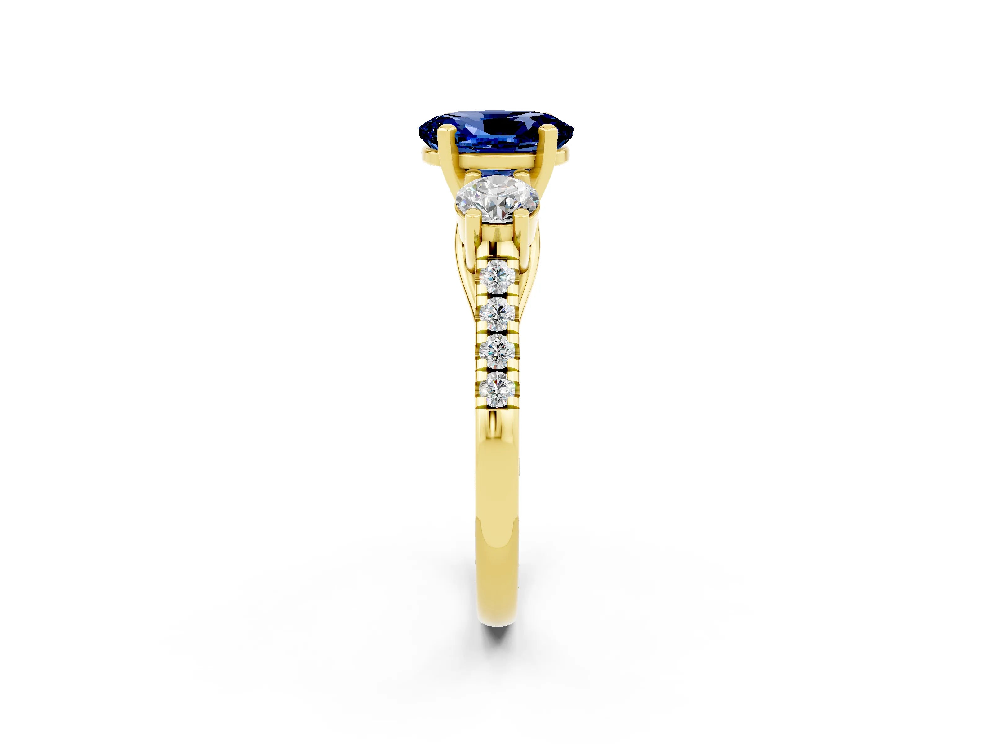 Yellow gold Three-Stone Oval Cut Blue Sapphire Pavé Band with Four-Prong Setting_2