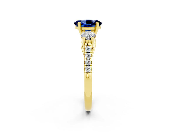 Yellow gold Three-Stone Oval Cut Blue Sapphire Pavé Band with Four-Prong Setting
