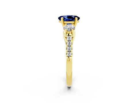 Yellow gold Three-Stone Oval Cut Blue Sapphire Pavé Band with Four-Prong Setting_2