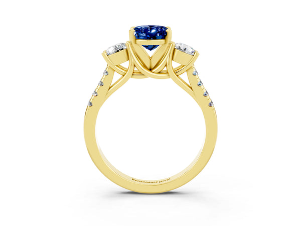 Yellow gold Three-Stone Oval Cut Blue Sapphire Pavé Band with Four-Prong Setting