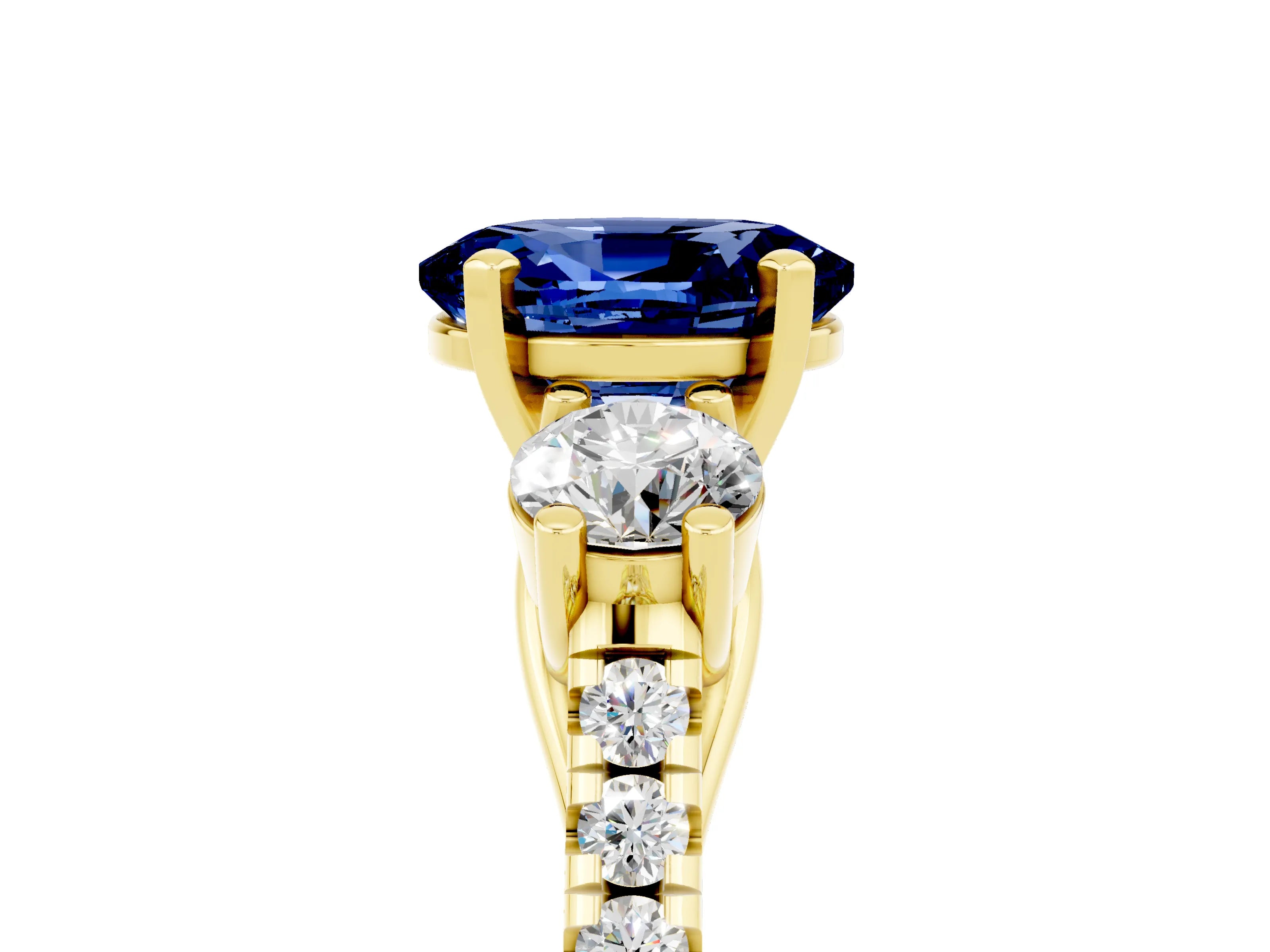 Yellow gold Three-Stone Oval Cut Blue Sapphire Pavé Band with Four-Prong Setting_5