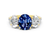 Yellow gold Three-Stone Oval Cut Blue Sapphire Ring with Pavé Band and Prong Setting_12