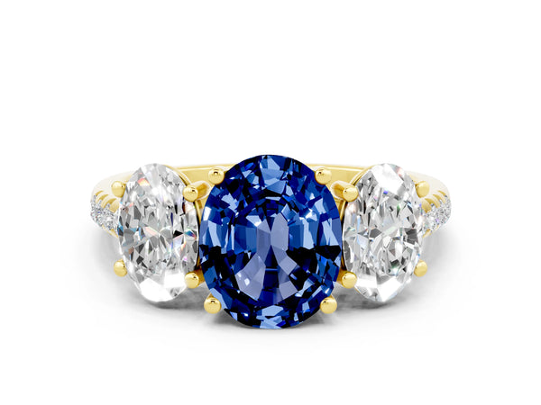 Yellow gold Three-Stone Oval Cut Blue Sapphire Ring with Round  Pavé Band and Prong Setting
