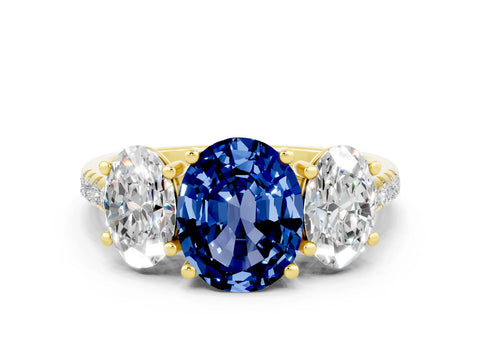 Yellow gold Three-Stone Oval Cut Blue Sapphire Ring with Pavé Band and Prong Setting_12