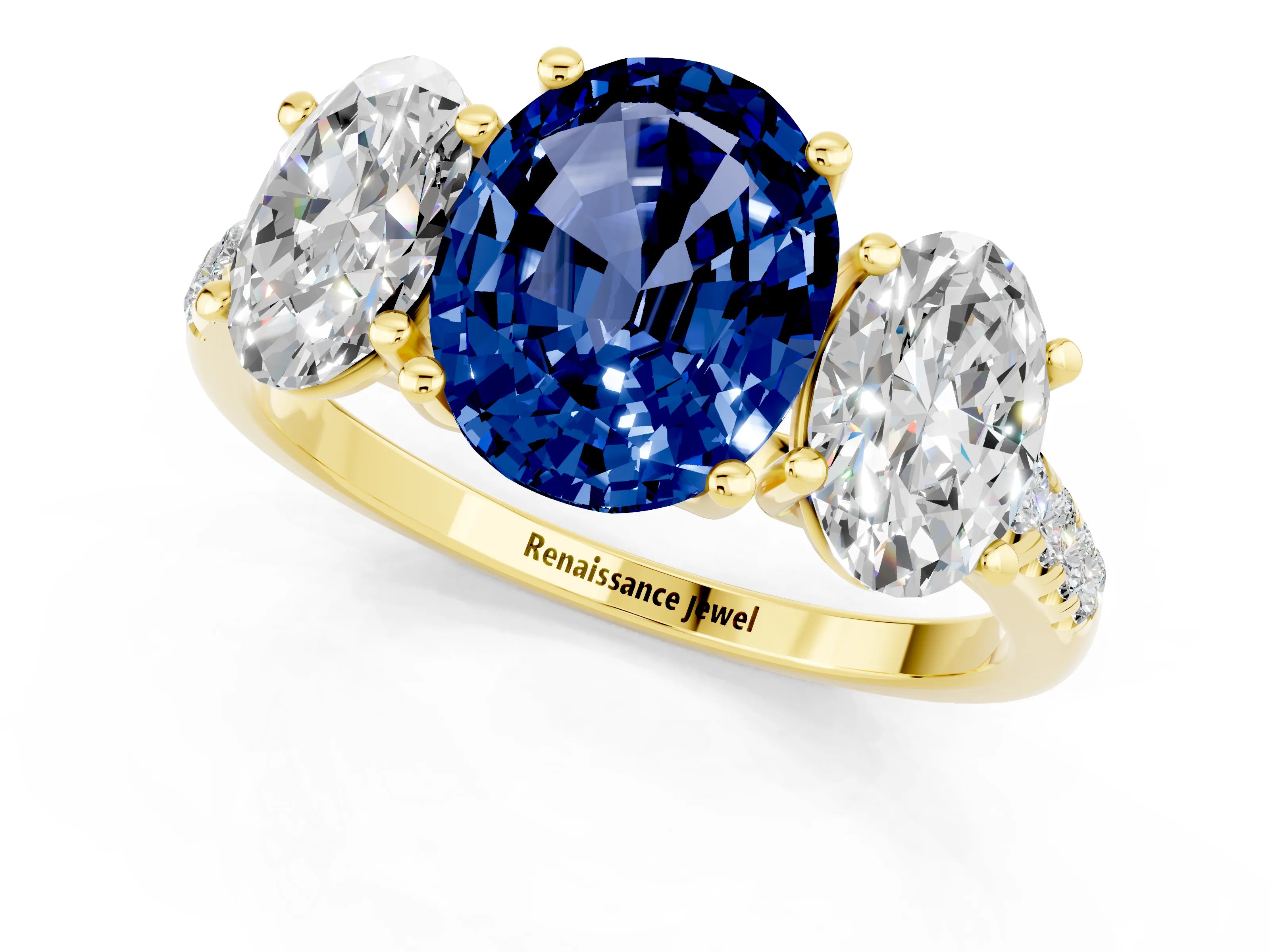 Yellow gold Three-Stone Oval Cut Blue Sapphire Ring with Pavé Band and Prong Setting_13