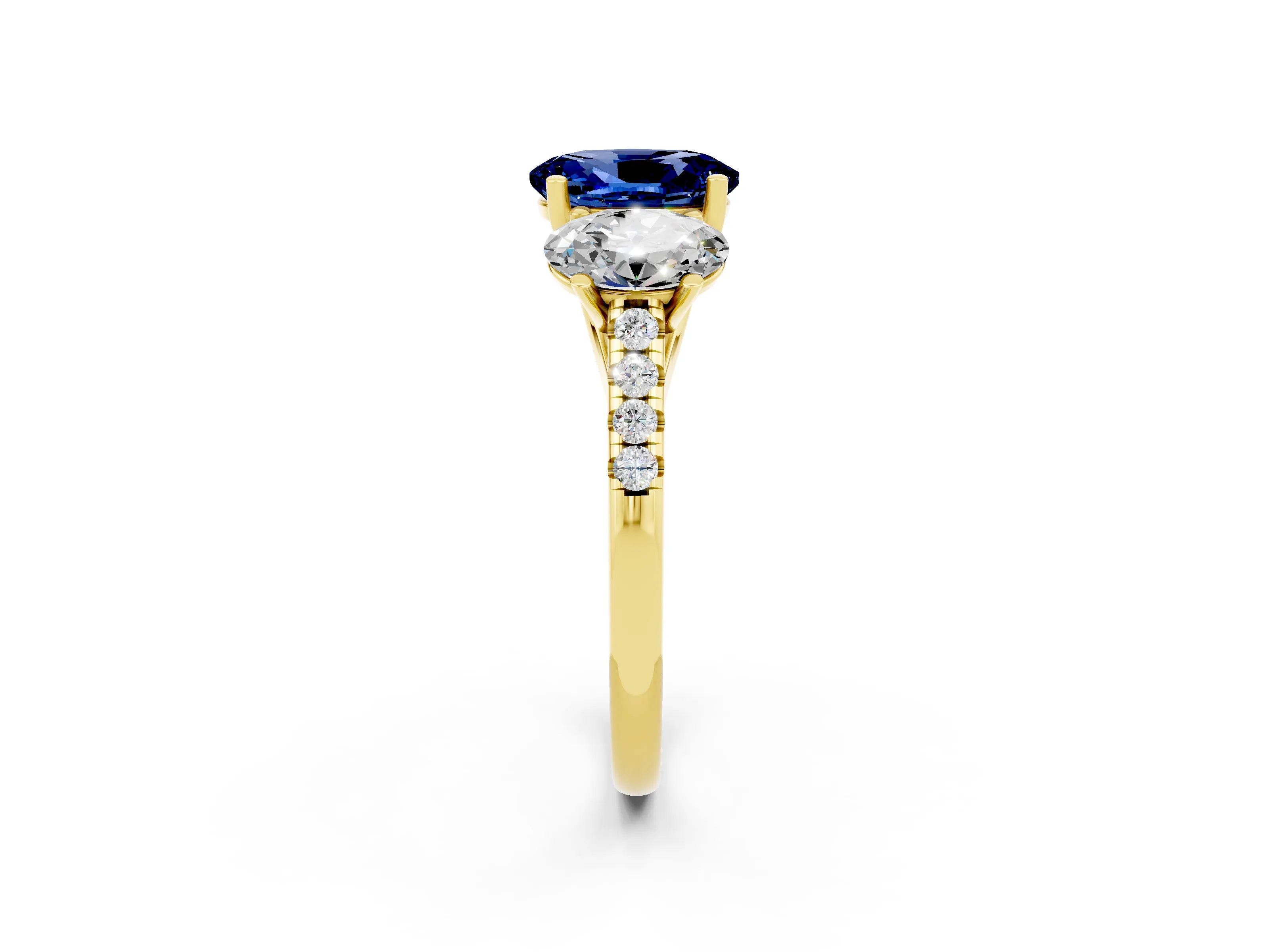 Yellow gold Three-Stone Oval Cut Blue Sapphire Ring with Pavé Band and Prong Setting_14