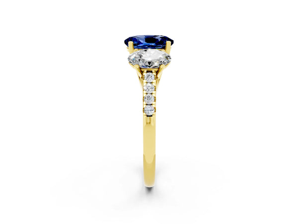 Yellow gold Three-Stone Oval Cut Blue Sapphire Ring with Round  Pavé Band and Prong Setting