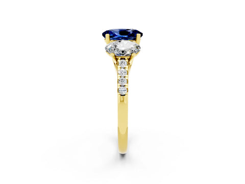Yellow gold Three-Stone Oval Cut Blue Sapphire Ring with Pavé Band and Prong Setting_14