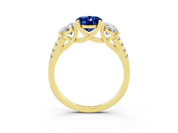 Yellow gold Three-Stone Oval Cut Blue Sapphire Ring with Round  Pavé Band and Prong Setting