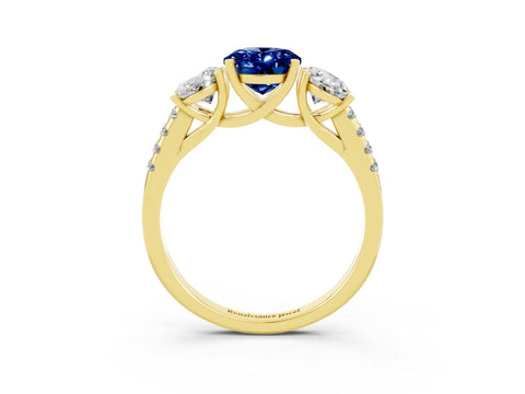 Yellow gold Three-Stone Oval Cut Blue Sapphire Ring with Pavé Band and Prong Setting_15