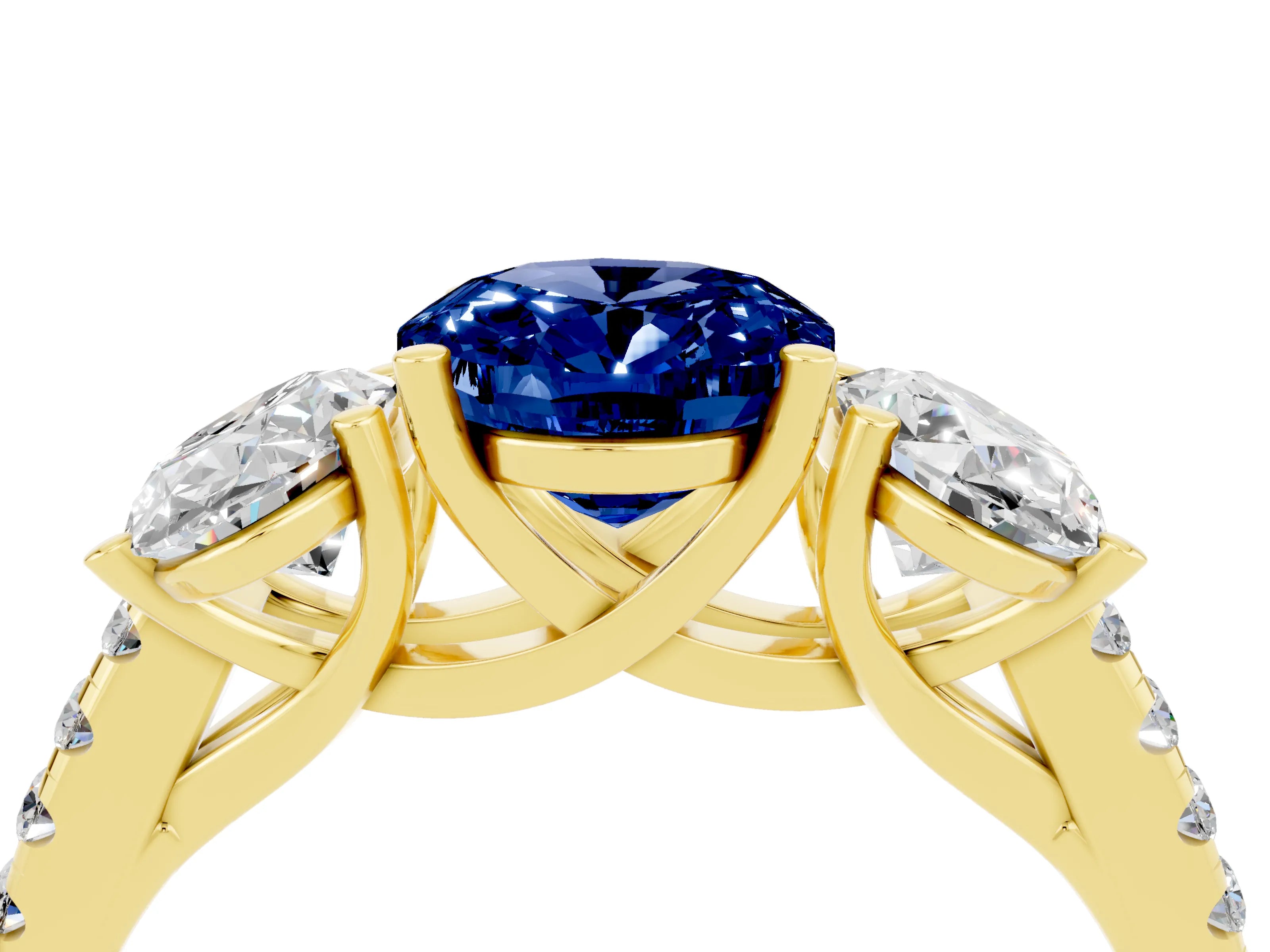 Yellow gold Three-Stone Oval Cut Blue Sapphire Ring with Pavé Band and Prong Setting_16
