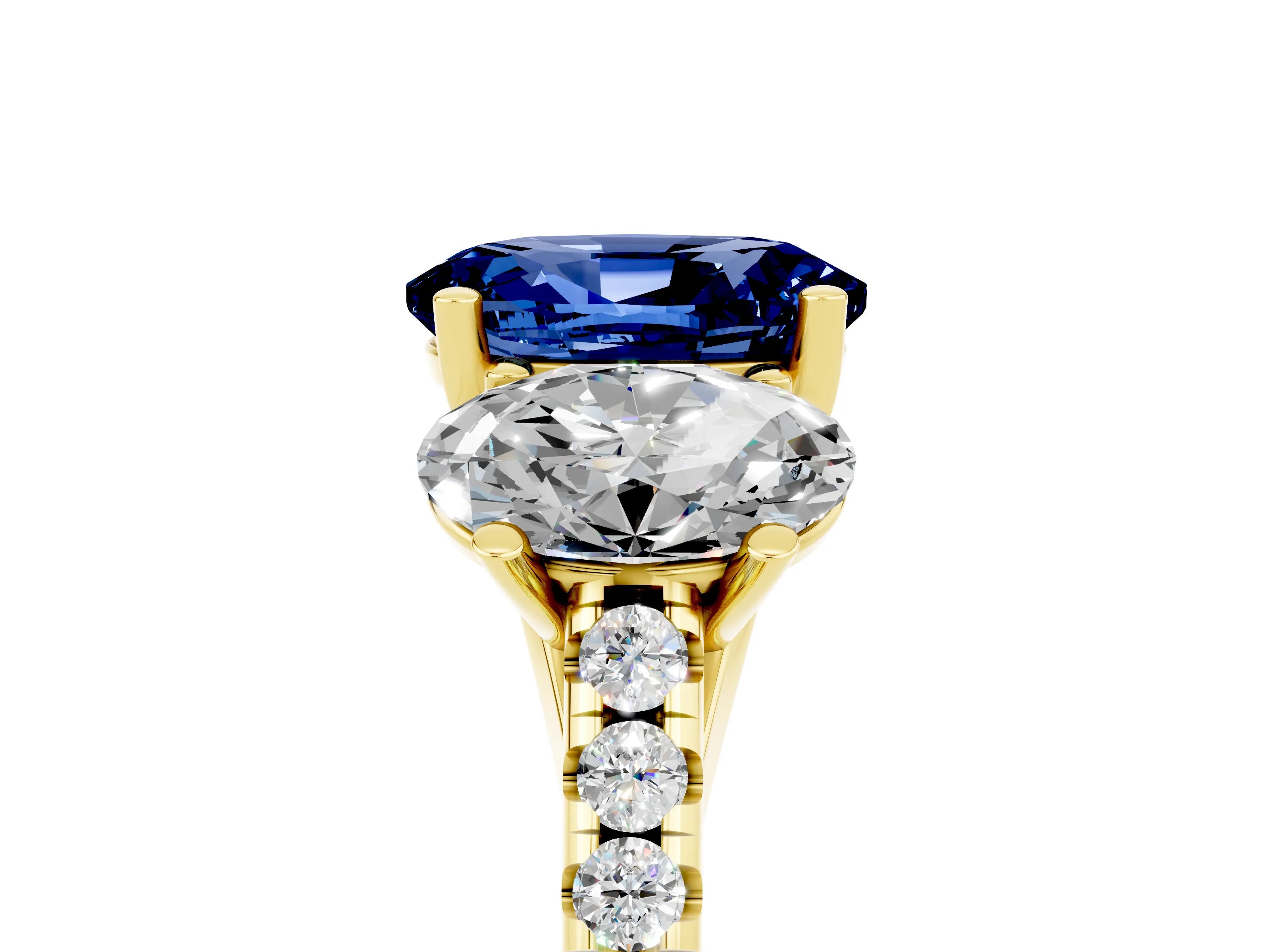 Yellow gold Three-Stone Oval Cut Blue Sapphire Ring with Pavé Band and Prong Setting_17