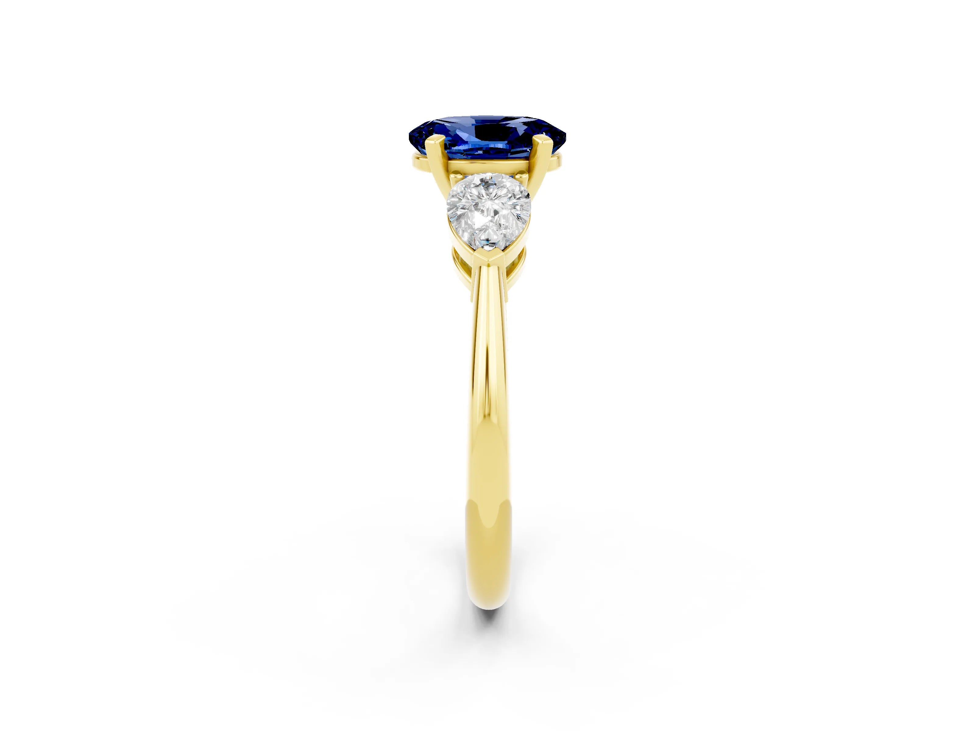 Yellow gold Three-Stone Oval Cut Blue Sapphire Ring with Pear Side Stones and Four-Prong Setting_2