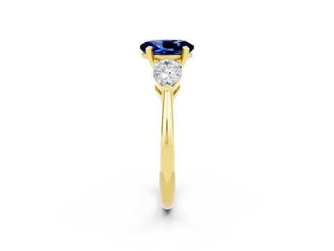 Yellow gold Three-Stone Oval Cut Blue Sapphire Ring with Pear Side Stones and Four-Prong Setting_2