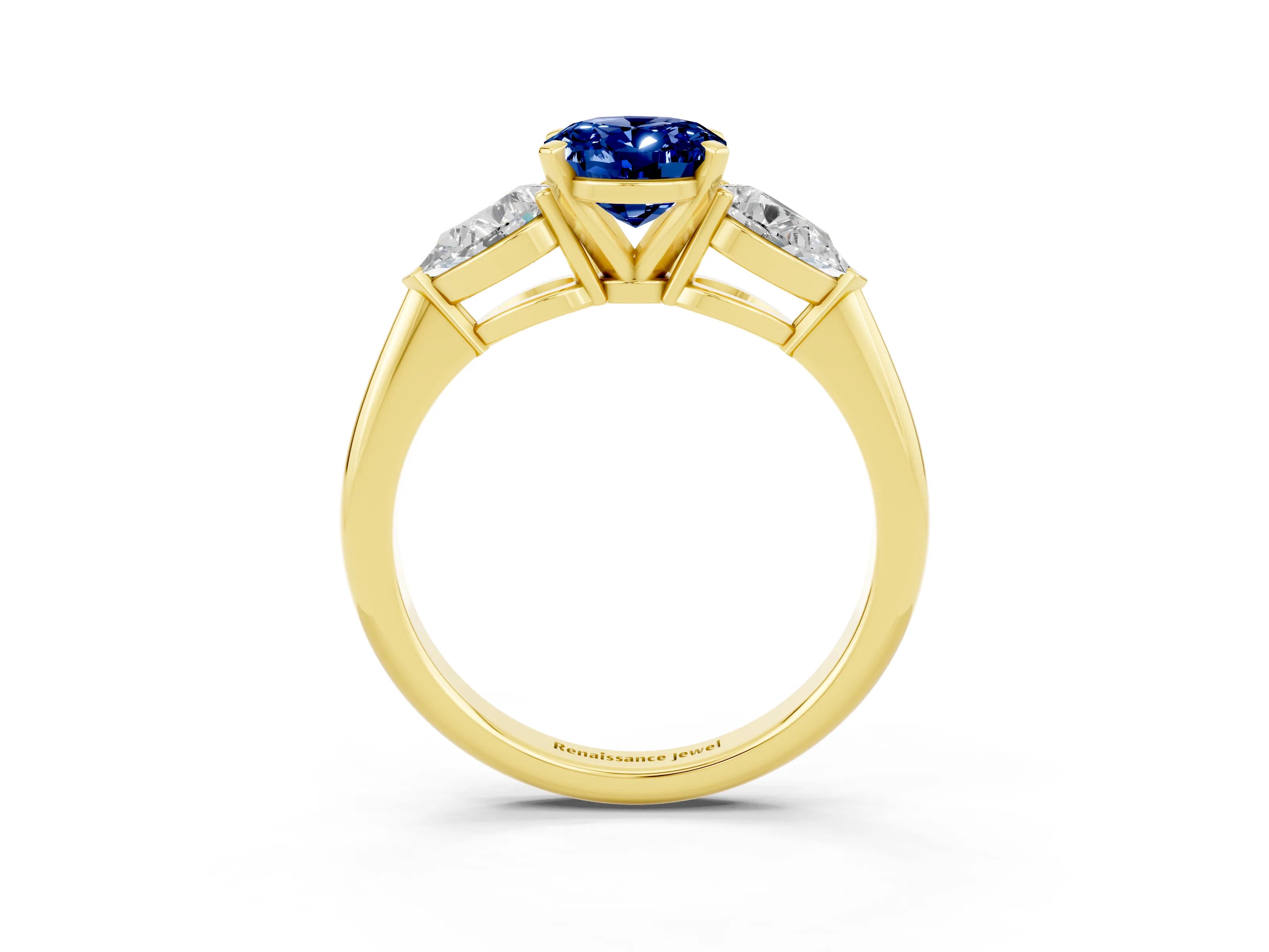 Yellow gold Three-Stone Oval Cut Blue Sapphire Ring with Pear Side Stones and Four-Prong Setting_3