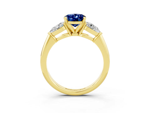 Yellow gold Three-Stone Oval Cut Blue Sapphire Ring with Pear Side Stones and Four-Prong Setting_3