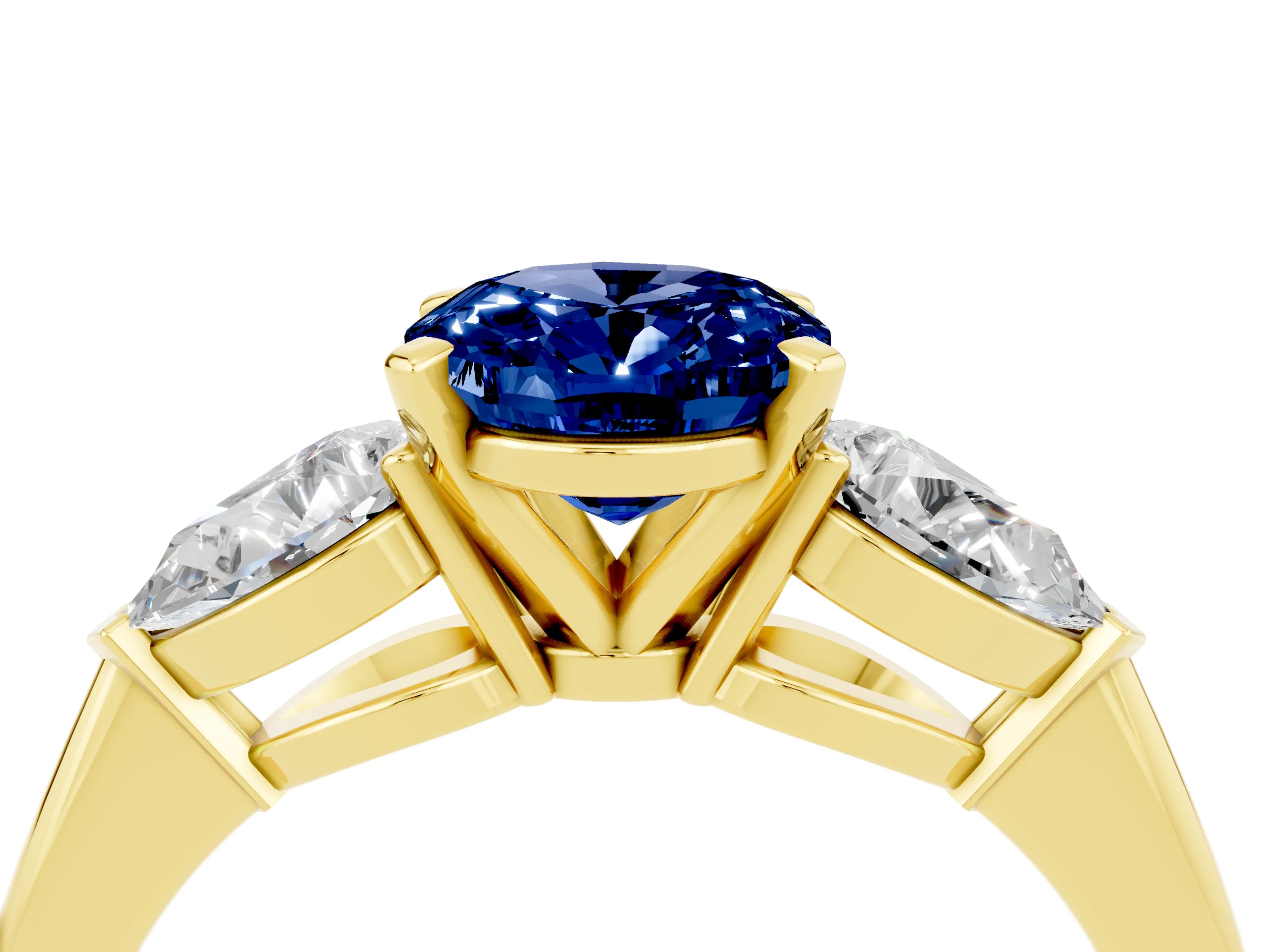 Yellow gold Three-Stone Oval Cut Blue Sapphire Ring with Pear Side Stones and Four-Prong Setting_4