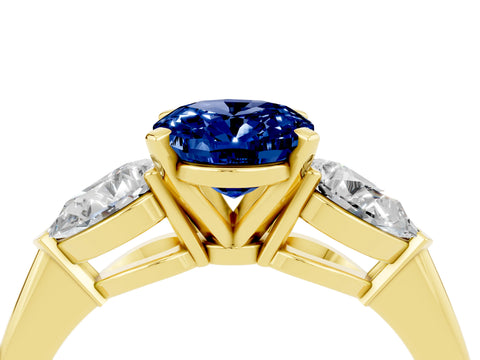 Yellow gold Three-Stone Oval Cut Blue Sapphire Ring with Pear Side Stones and Four-Prong Setting_4
