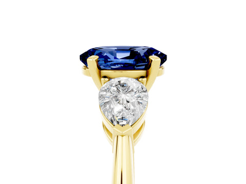 Yellow gold Three-Stone Oval Cut Blue Sapphire Ring with Pear Side Stones and Four-Prong Setting_5