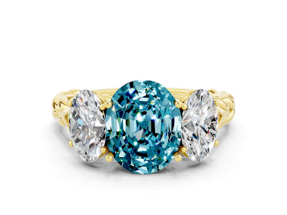 Yellow gold Three-Stone Oval Cut Blue Topaz Braided Band Ring with Four-Prong Setting_12