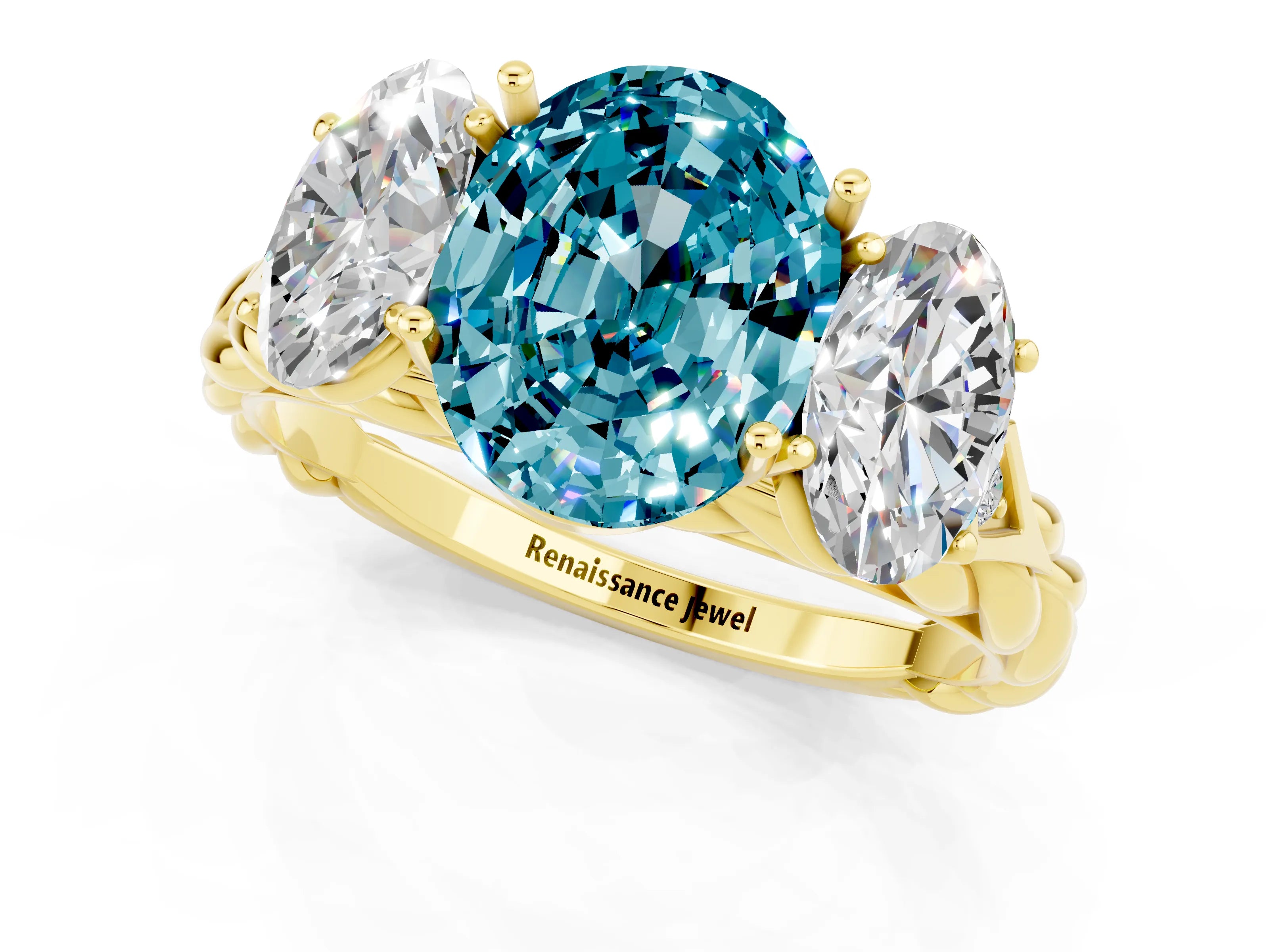 Yellow gold Three-Stone Oval Cut Blue Topaz Braided Band Ring with Four-Prong Setting_13