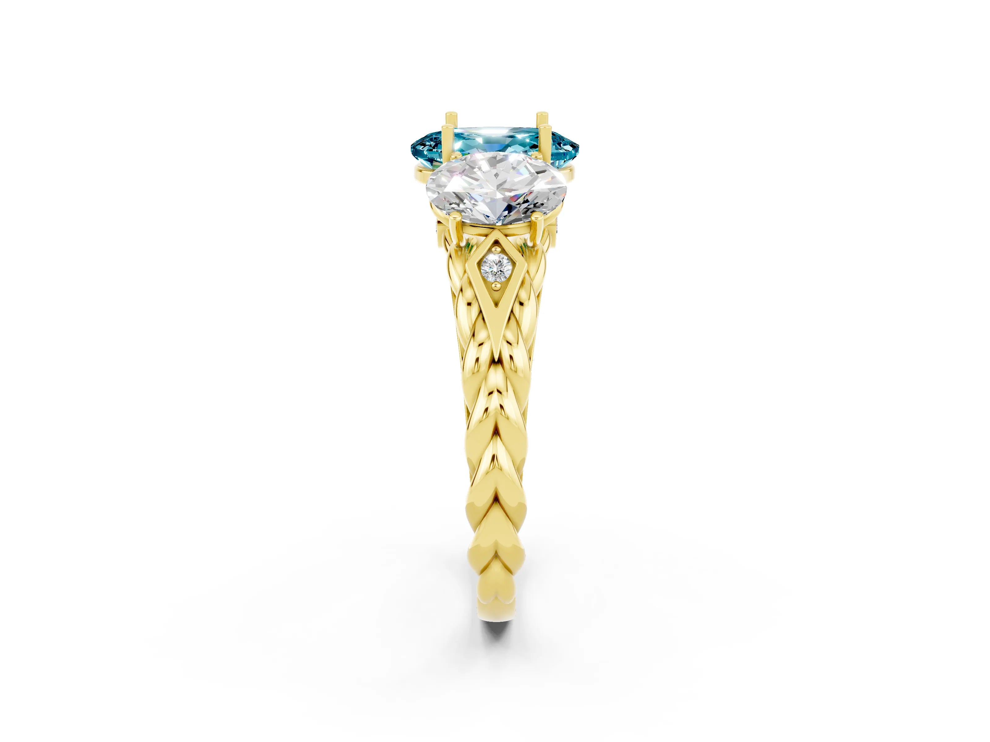 Yellow gold Three-Stone Oval Cut Blue Topaz Braided Band Ring with Four-Prong Setting_14