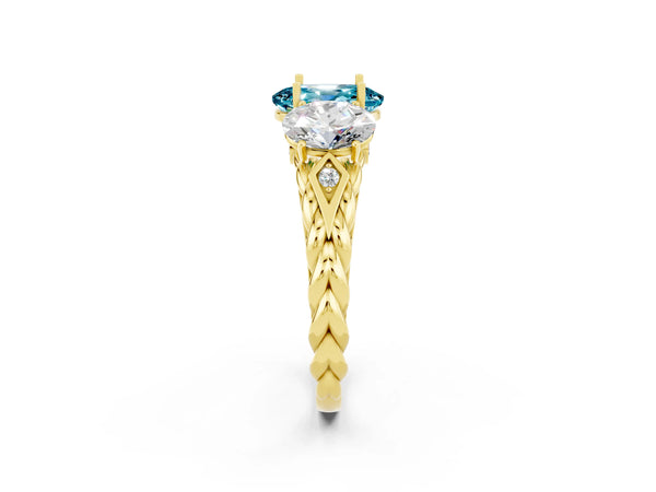 Yellow gold Three-Stone Oval Cut Blue Topaz Braided Band Ring with Four-Prong Setting