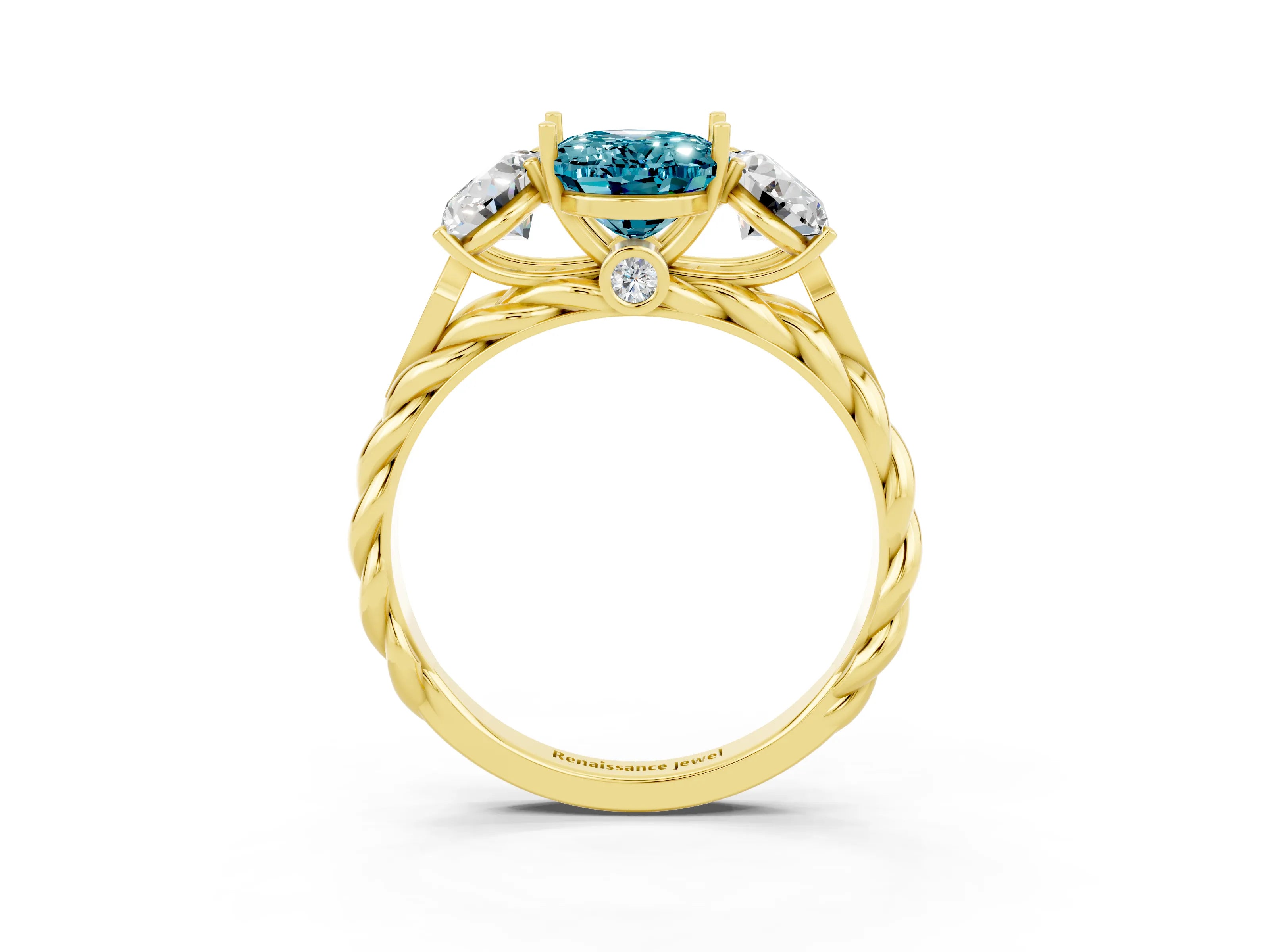 Yellow gold Three-Stone Oval Cut Blue Topaz Braided Band Ring with Four-Prong Setting_15