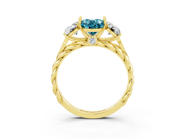 Yellow gold Three-Stone Oval Cut Blue Topaz Braided Band Ring with Four-Prong Setting