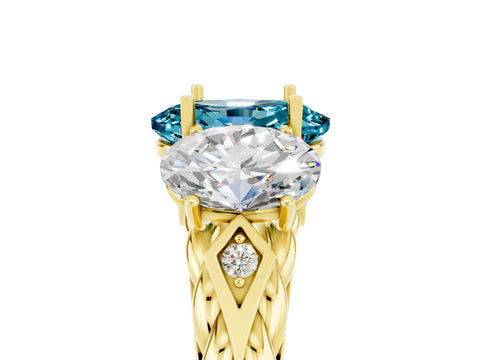 Yellow gold Three-Stone Oval Cut Blue Topaz Braided Band Ring with Four-Prong Setting_17