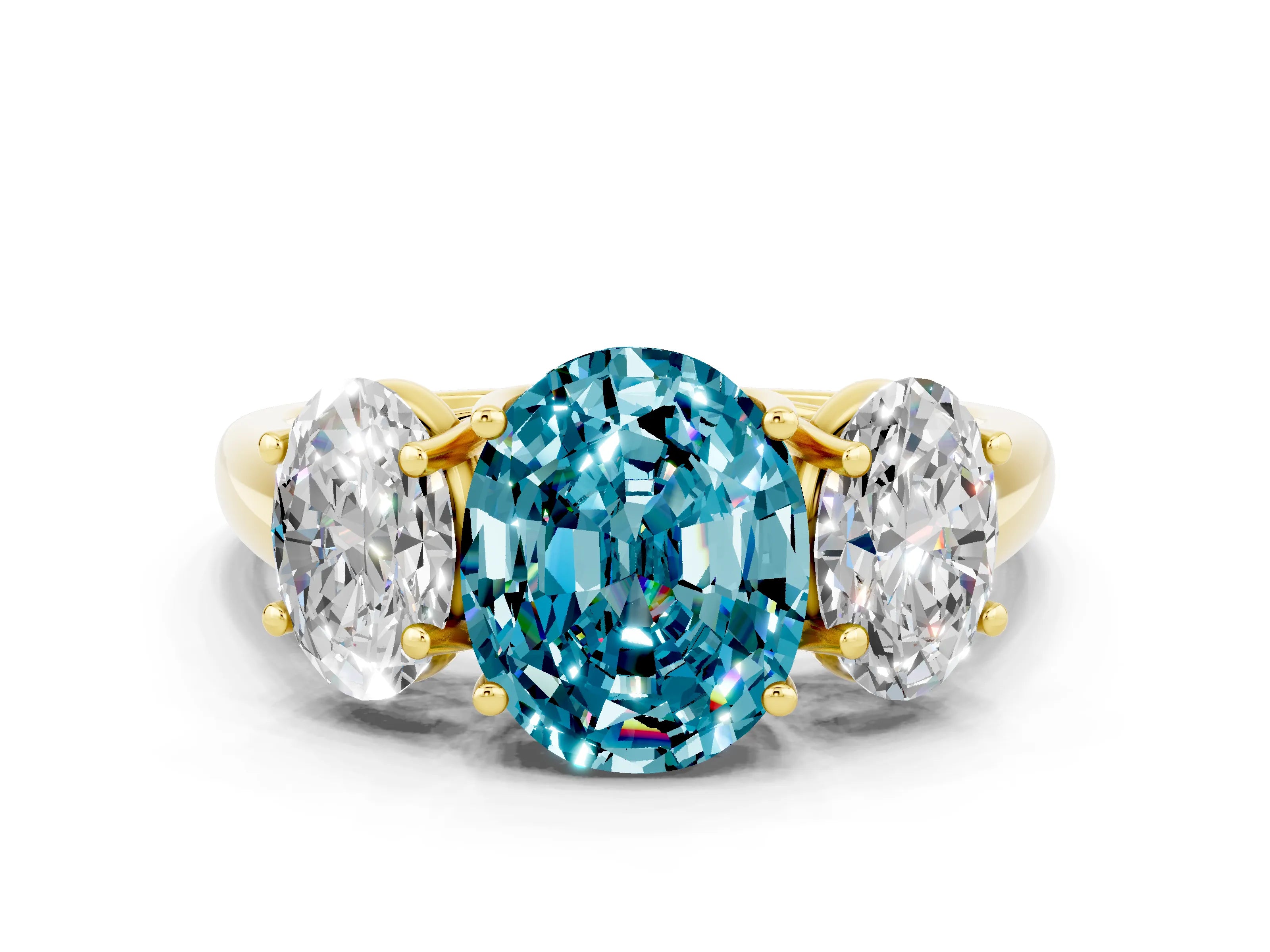 Yellow gold Three-Stone Oval Cut Blue Topaz Engagement Ring with Prong Setting