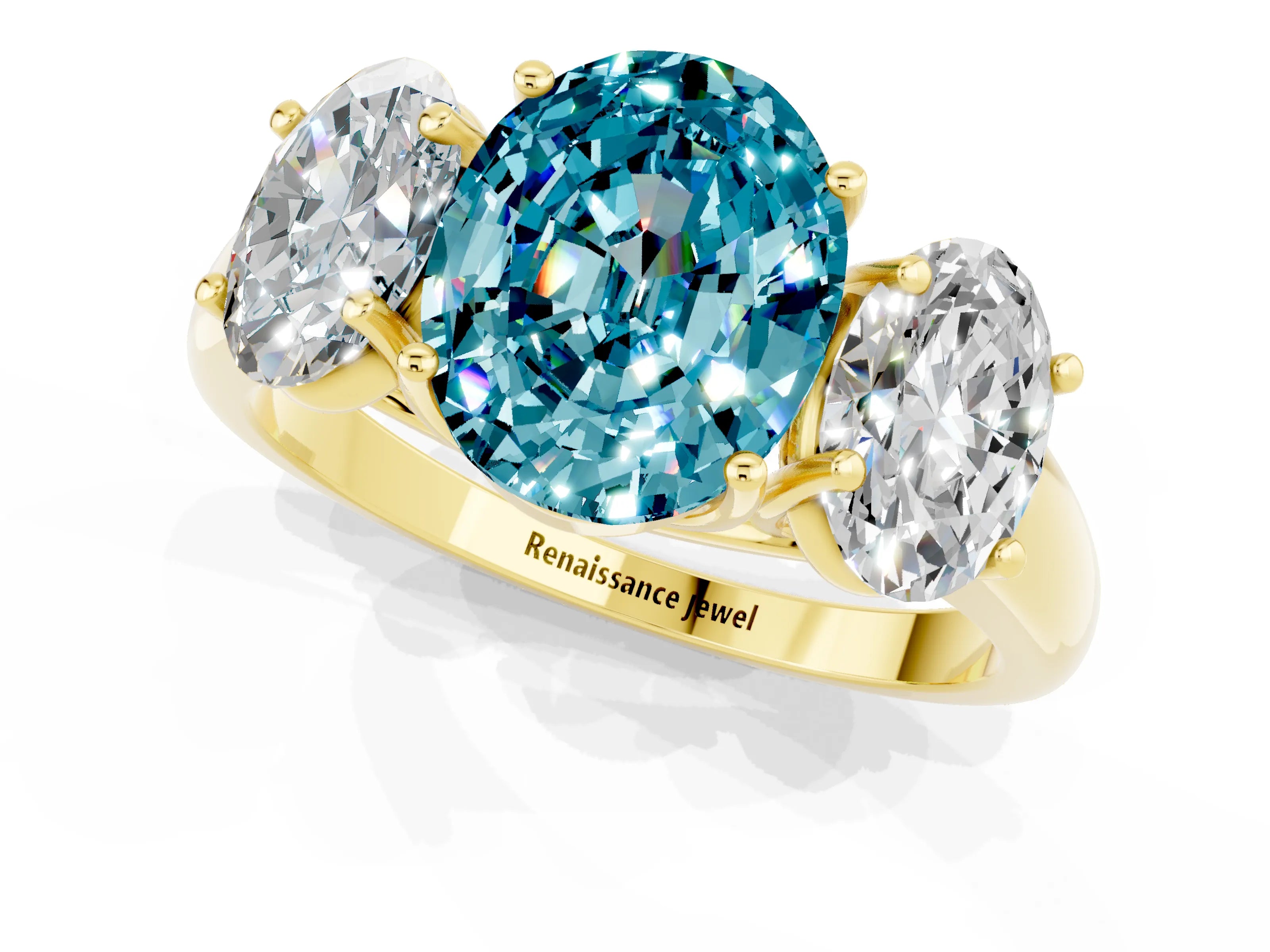 Yellow gold Three-Stone Oval Cut Blue Topaz Engagement Ring with Prong Setting_1