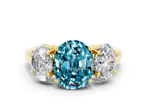 Yellow gold Three-Stone Oval Cut Blue Topaz Engagement Ring with Prong Setting