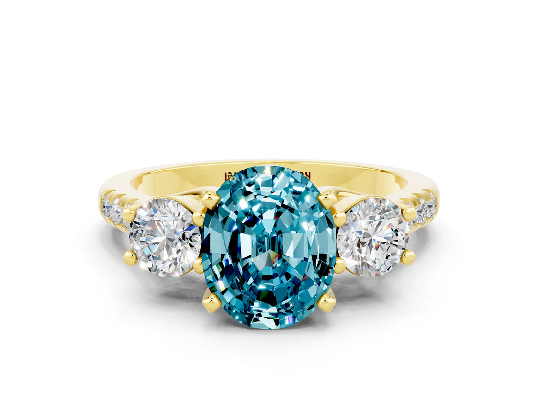 Yellow gold Three-Stone Oval Cut Blue Topaz Pavé Band with Four-Prong Setting