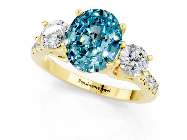 Yellow gold Three-Stone Oval Cut Blue Topaz Pavé Band with Four-Prong Setting