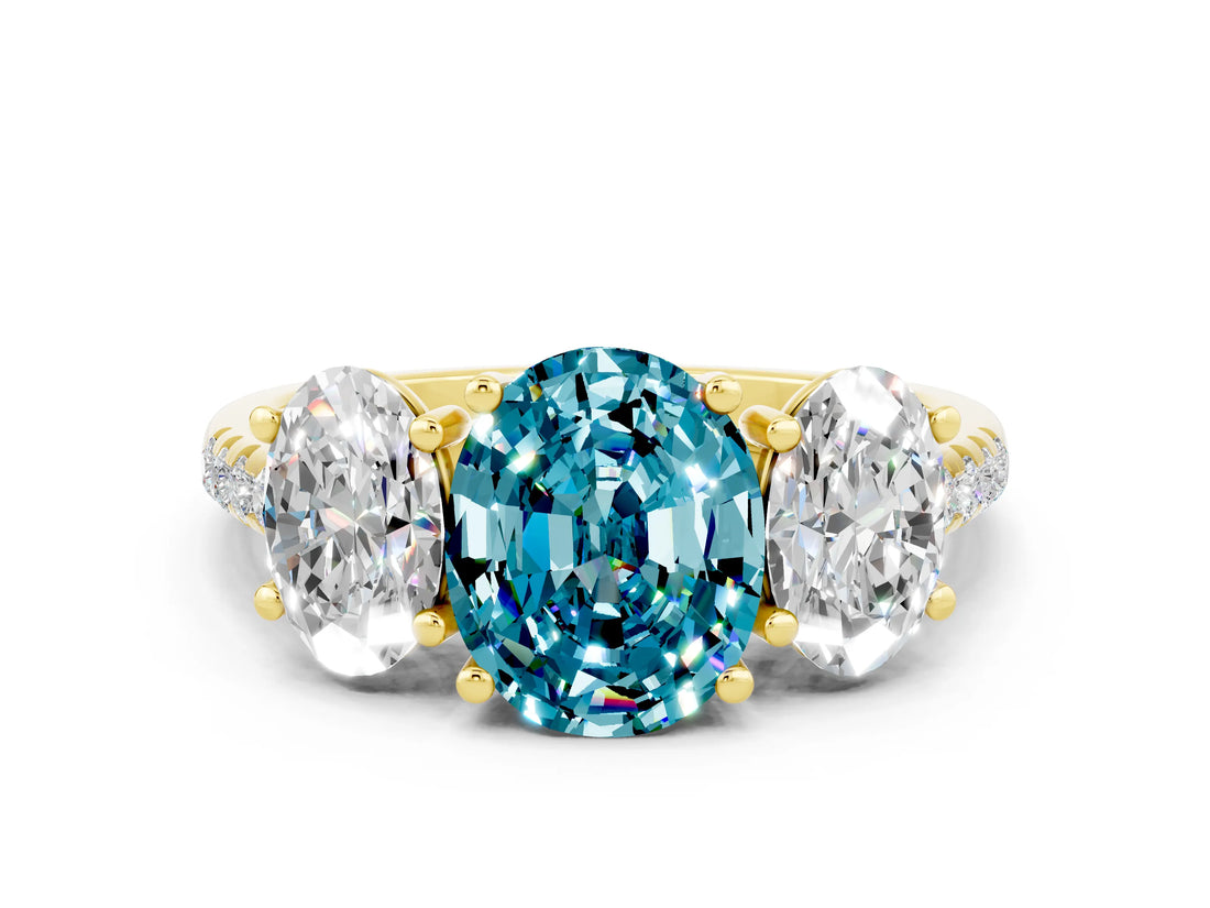Yellow gold Three-Stone Oval Cut Blue Topaz Ring with Pavé Band and Prong Setting_12