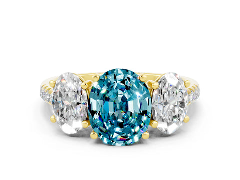 Yellow gold Three-Stone Oval Cut Blue Topaz Ring with Pavé Band and Prong Setting_12