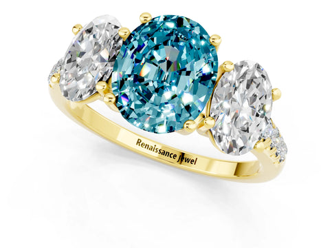 Yellow gold Three-Stone Oval Cut Blue Topaz Ring with Pavé Band and Prong Setting_13