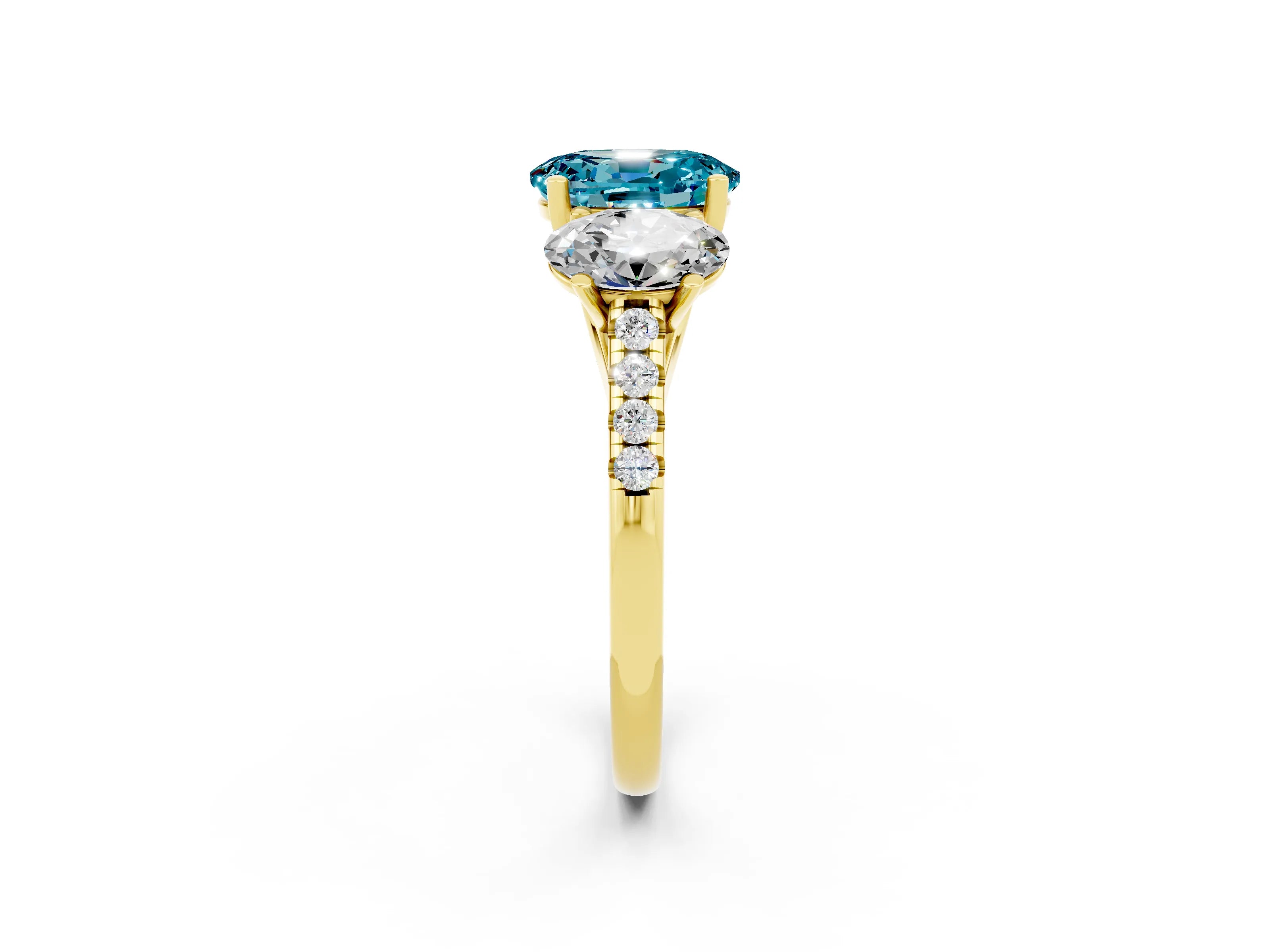 Yellow gold Three-Stone Oval Cut Blue Topaz Ring with Pavé Band and Prong Setting_14