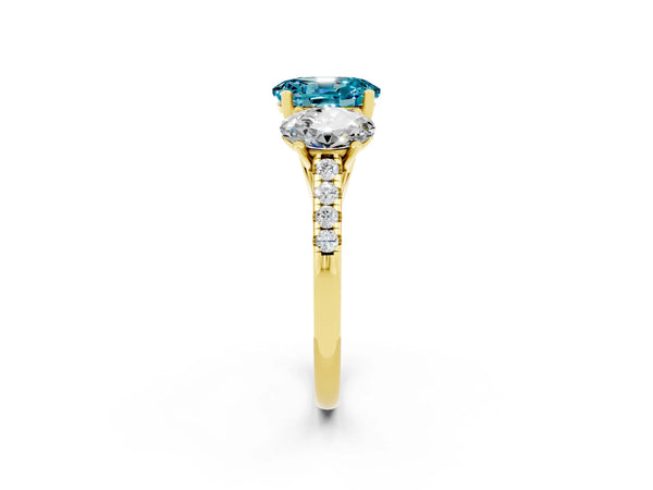 Yellow gold Three-Stone Oval Cut Blue Topaz Ring with Round  Pavé Band and Prong Setting
