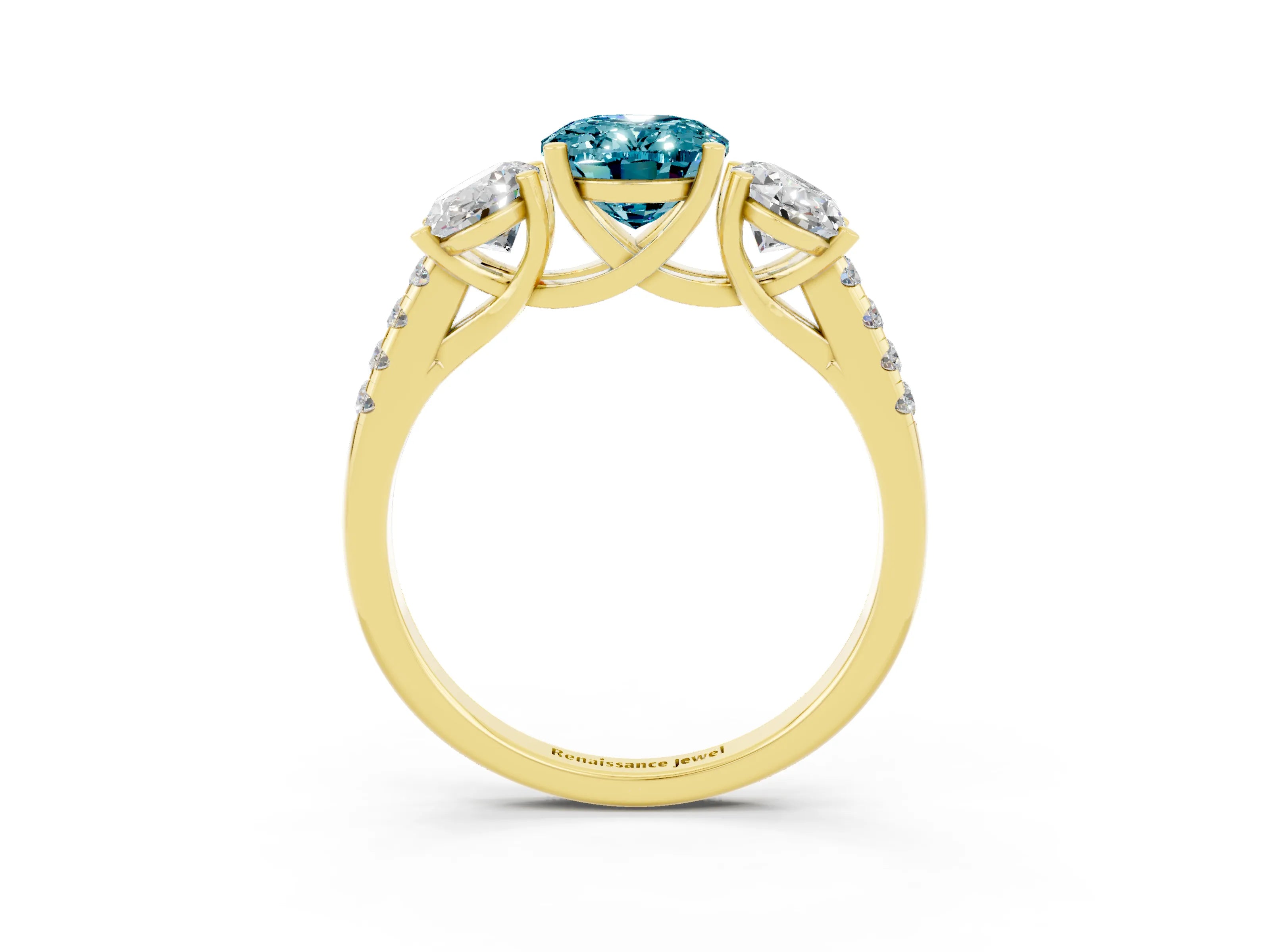 Yellow gold Three-Stone Oval Cut Blue Topaz Ring with Pavé Band and Prong Setting_15