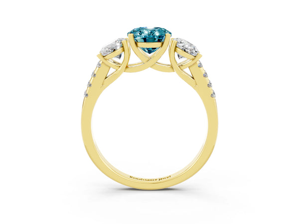 Yellow gold Three-Stone Oval Cut Blue Topaz Ring with Round  Pavé Band and Prong Setting
