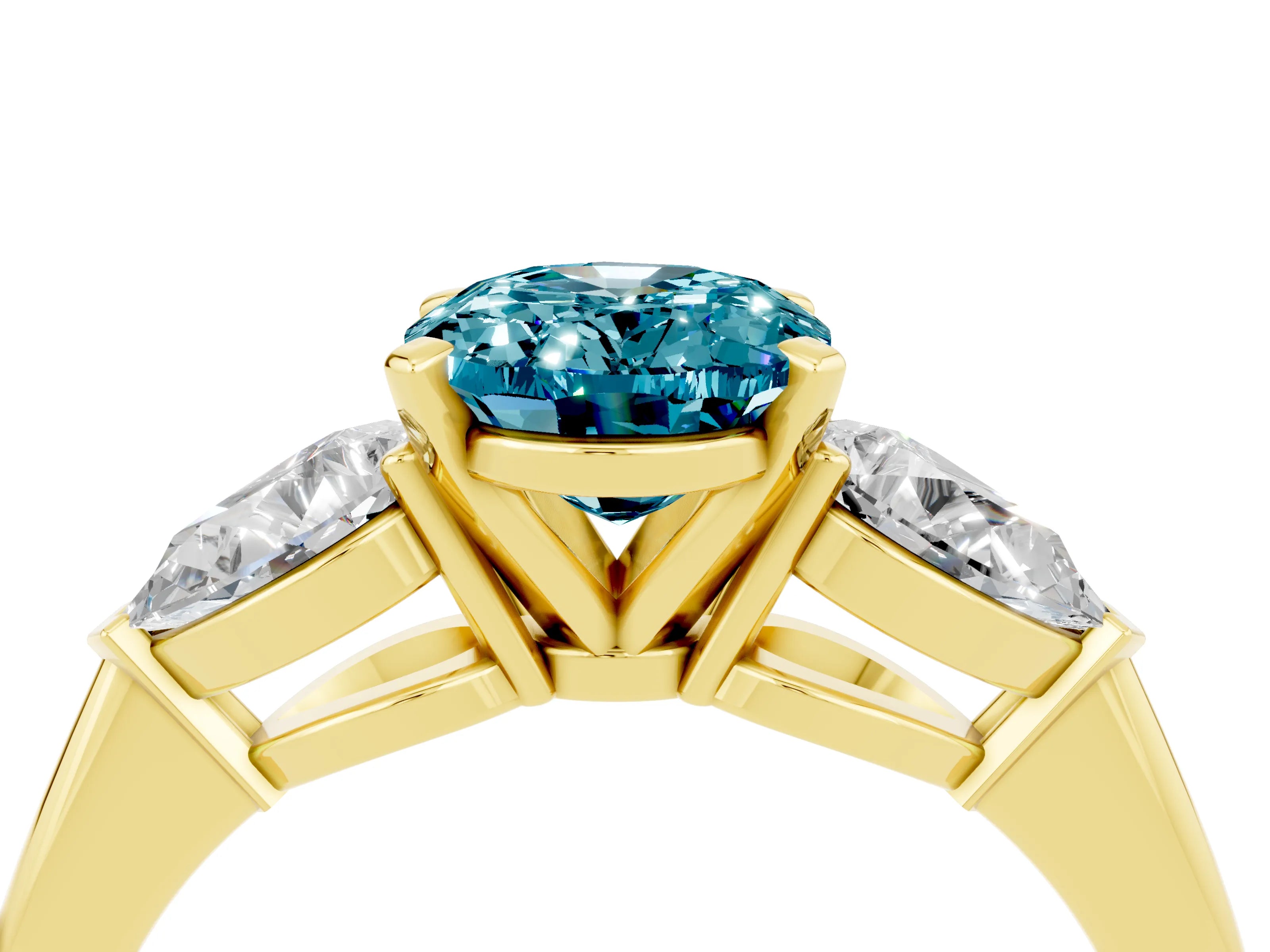 Yellow gold Three-Stone Oval Cut Blue Topaz Ring with Pear Side Stones and Four-Prong Setting_4