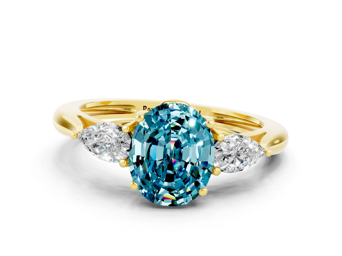 Yellow gold Three-Stone Oval Cut Blue Topaz Ring with Pear  Side Stones in Four-Prong Setting_12