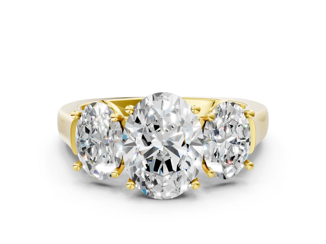 Yellow gold Three-Stone Oval Cut Brilliant Diamond Trellis Ring with Comfort Fit Band_7