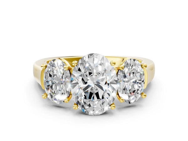 Yellow gold Three-Stone Oval Cut Brilliant Diamond Trellis Ring with Comfort Fit Band