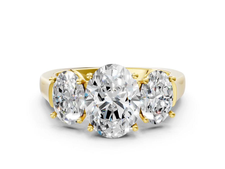 Yellow gold Three-Stone Oval Cut Brilliant Diamond Trellis Ring with Comfort Fit Band