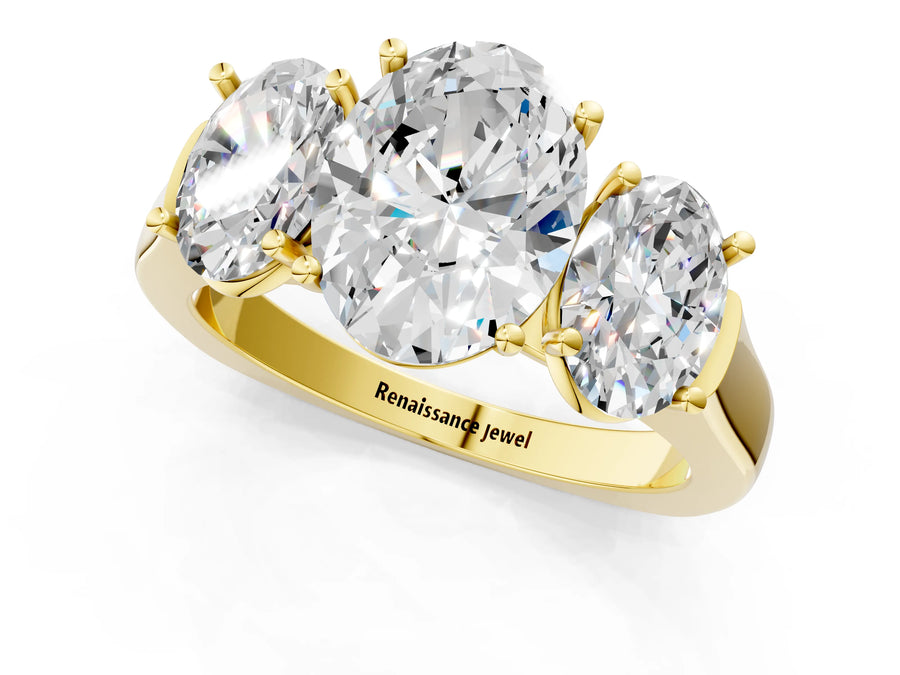 Yellow gold Three-Stone Oval Cut Brilliant Diamond Trellis Ring with Comfort Fit Band