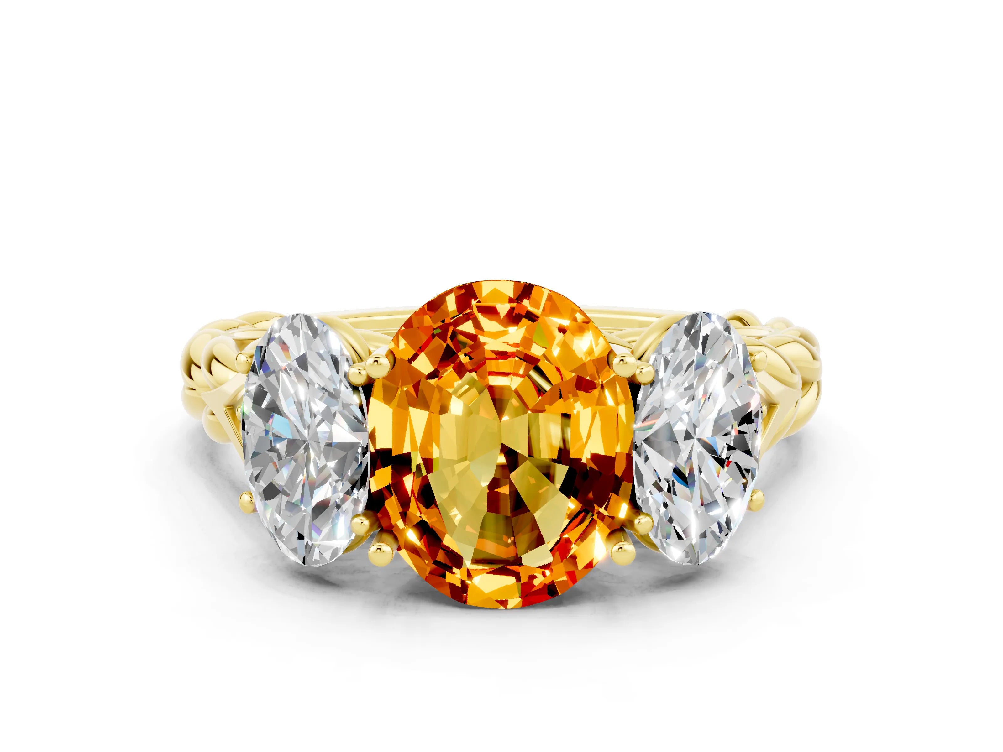 Yellow gold Three-Stone Oval Cut Citrine Braided Band Ring with Four-Prong Setting_12