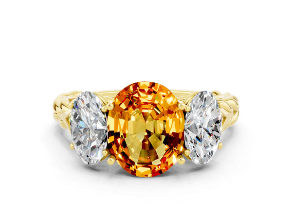 Yellow gold Three-Stone Oval Cut Citrine Braided Band Ring with Four-Prong Setting